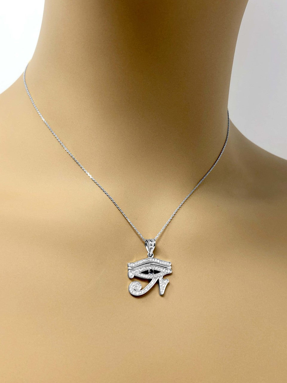 Gold Diamond Studded Egyptian Eye of Horus Wadjet Blue Sapphire Pendant Necklace(Available in Yellow/Rose/White)