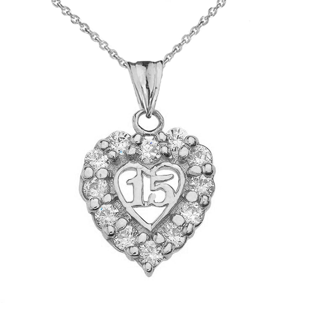 .925 Sterling Silver Cubic Zirconia Heart 15 Años Quinceañera Pendant Necklace