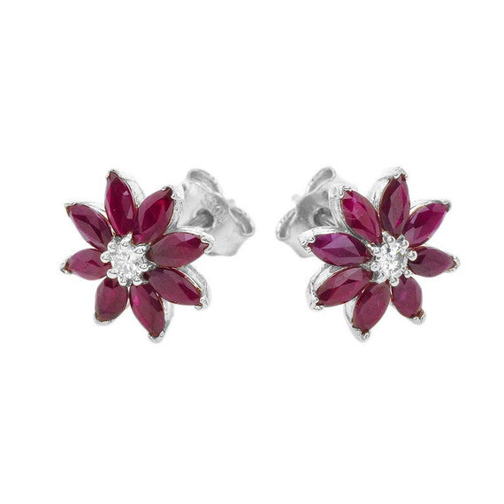 Solid Gold Genuine Ruby and Diamond Daisy Stud Earrings (Available in Yellow/Rose/White)
