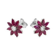 Solid Gold Genuine Ruby and Diamond Daisy Stud Earrings (Available in Yellow/Rose/White)