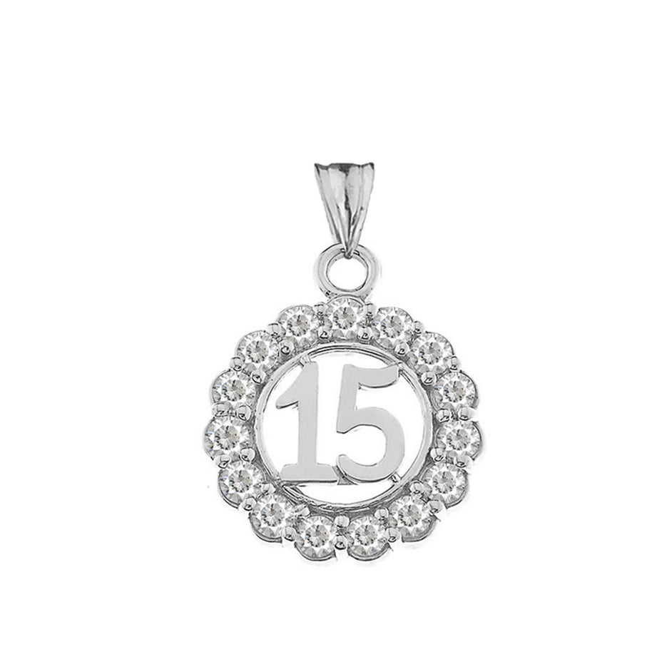 Solid Gold Cubic Zirconia 15 Años Quinceañera Round Pendant Necklace (Available in Yellow/Rose/White Gold)