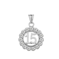 Solid Gold Cubic Zirconia 15 Años Quinceañera Round Pendant Necklace (Available in Yellow/Rose/White Gold)