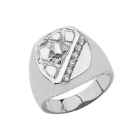 Gold Men's Cubic Zirconia Nugget Striped Signet Ring (Available in Yellow/Rose/White Gold)