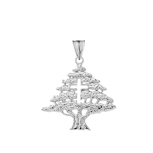 Lebanese Cedar Tree With Cut out Cross Pendant Necklace In Sterling Silver