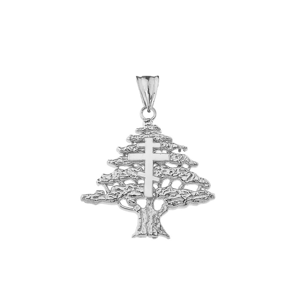 Lebanese Cedar Tree With Orthodox Cross Pendant Necklace In Sterling Silver