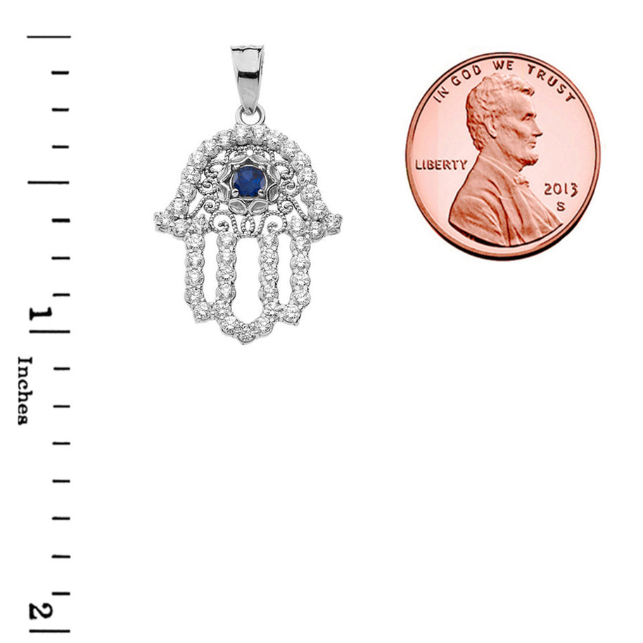 .925 Sterling Silver Studded Hamsa Hand Sapphire Evil Eye Filigree Pendant Necklace