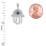 .925 Sterling Silver Studded Hamsa Hand Sapphire Evil Eye Filigree Pendant Necklace