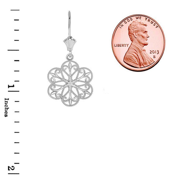 .925 Sterling Silver Milgrain Filigree Flower Leverback Earrings
