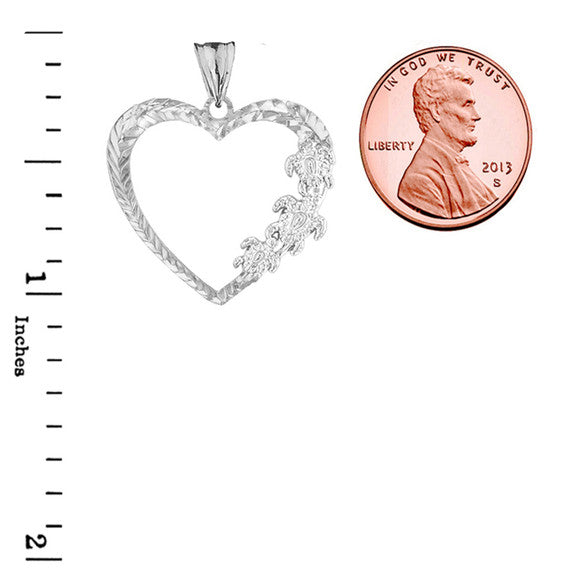 Hawaiian Honu Turtles Heart Pendant Necklace in Sterling Silver