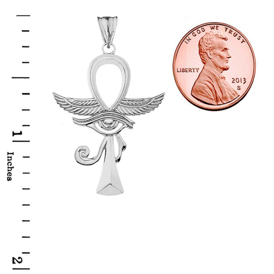 .925 Sterling Silver Egyptian Winged Ankh Cross Eye of Horus Pendant Necklace