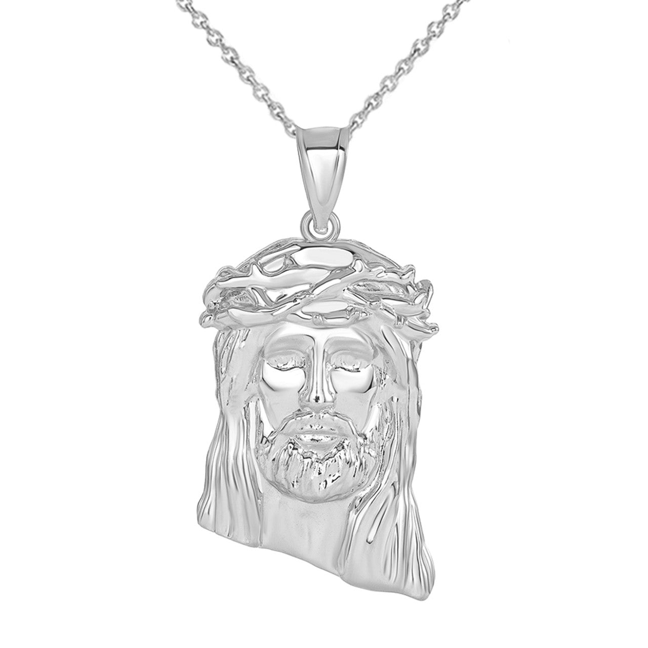 Jesus Christ Head Large Pendant Necklace in Sterling Silver (1.54 in)