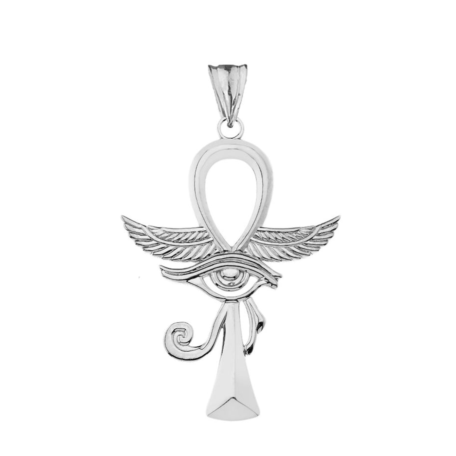 Gold Egyptian Winged Ankh Cross Eye of Horus Pendant Necklace (Available in Yellow/Rose/White Gold)