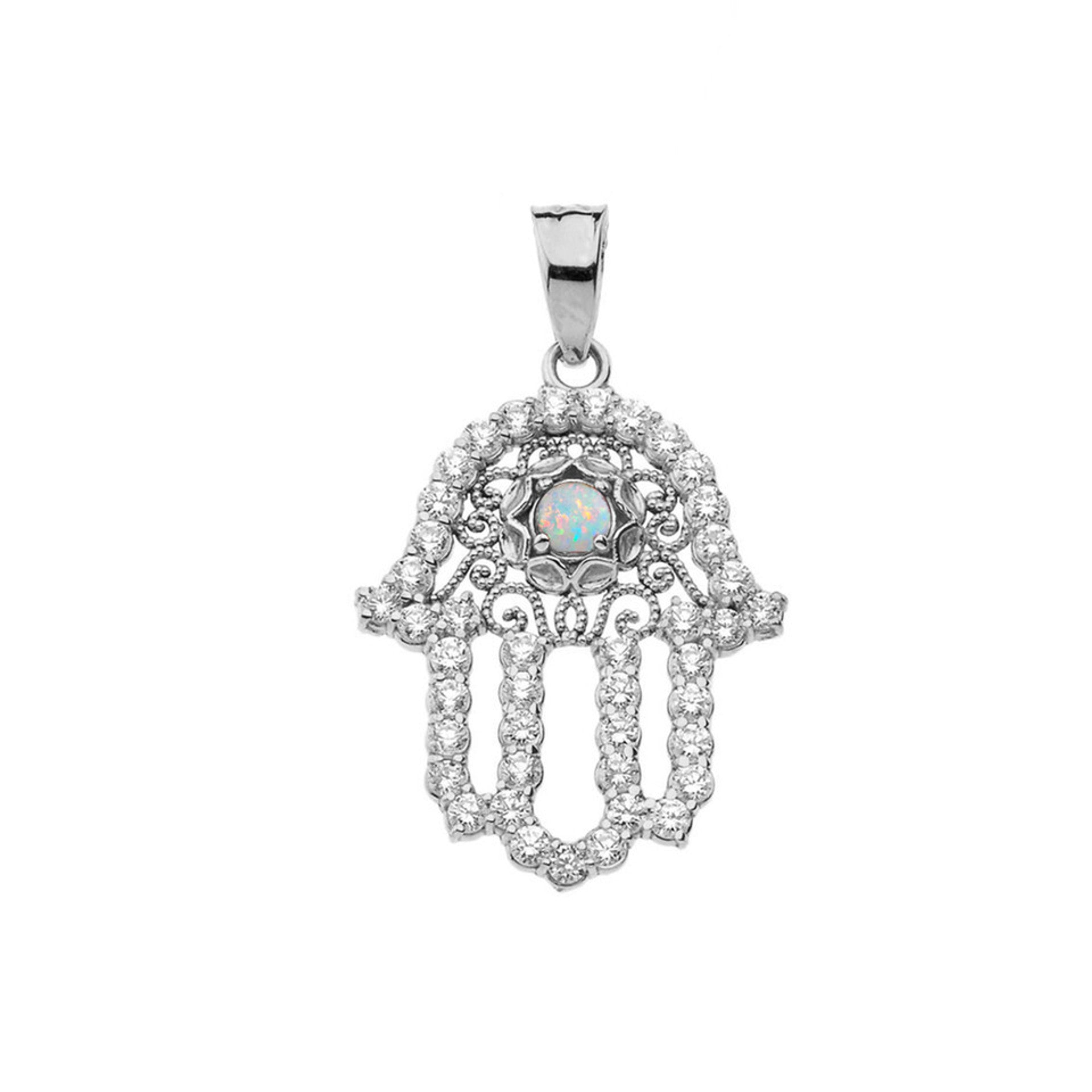 .925 Sterling Silver Studded Hamsa Hand Evil Eye Filigree Pendant Necklace