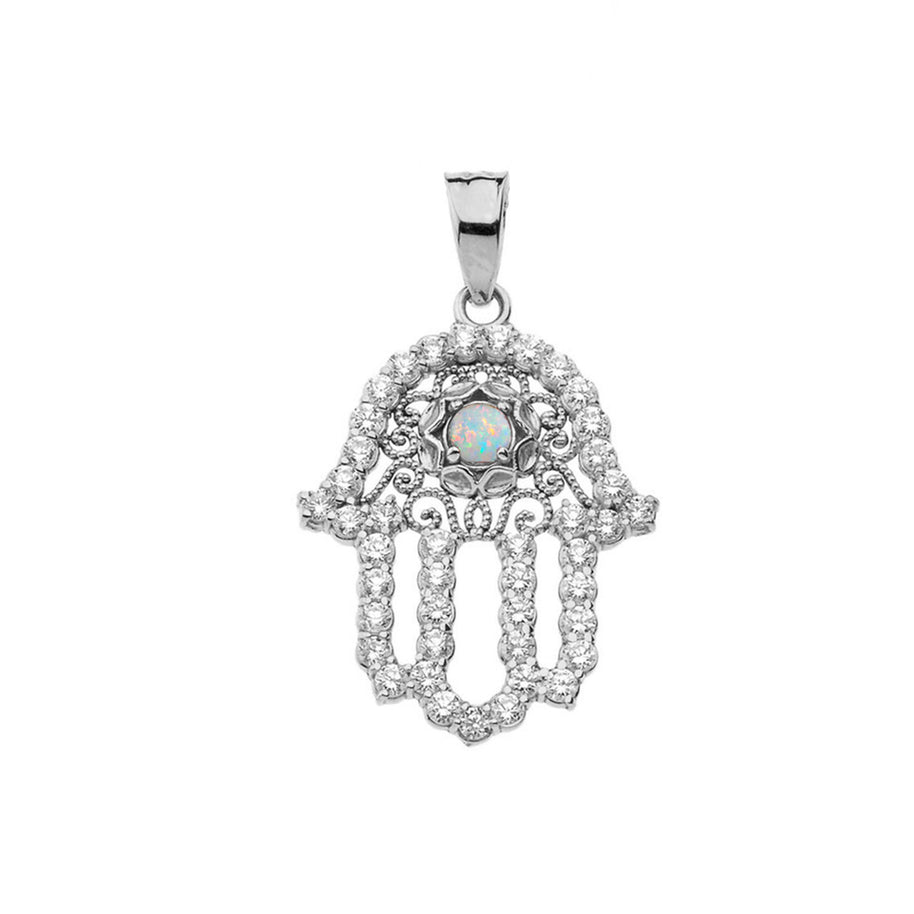 .925 Sterling Silver Studded Hamsa Hand Evil Eye Filigree Pendant Necklace