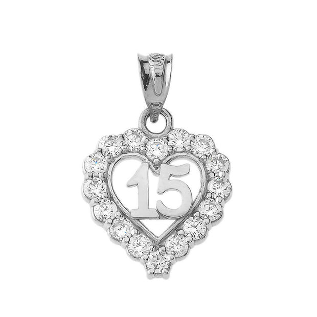 Silver 15 Años Quinceañera Heart Pendant Necklace with Cubic Zirconia