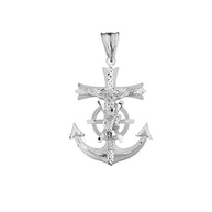 Mariners Anchor Crucifix Pendant Necklace in Two Toned Solid White Gold