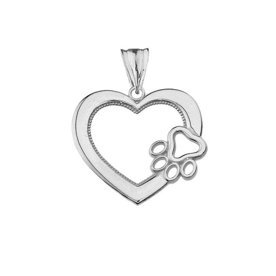 .925 Sterling Silver Heart Pet Dog Paw Print Pendant Necklace