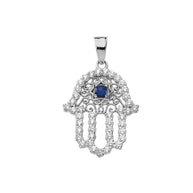 .925 Sterling Silver Studded Hamsa Hand Sapphire Evil Eye Filigree Pendant Necklace