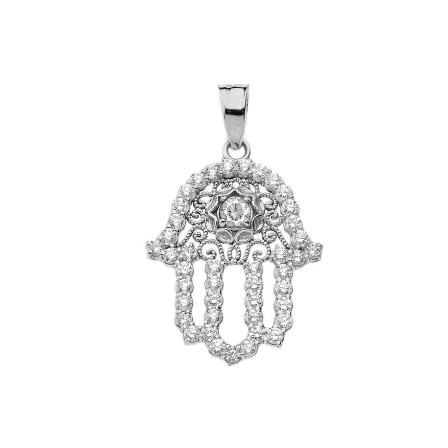 .925 Sterling Silver Studded Hamsa Hand Evil Eye Filigree Pendant Necklace
