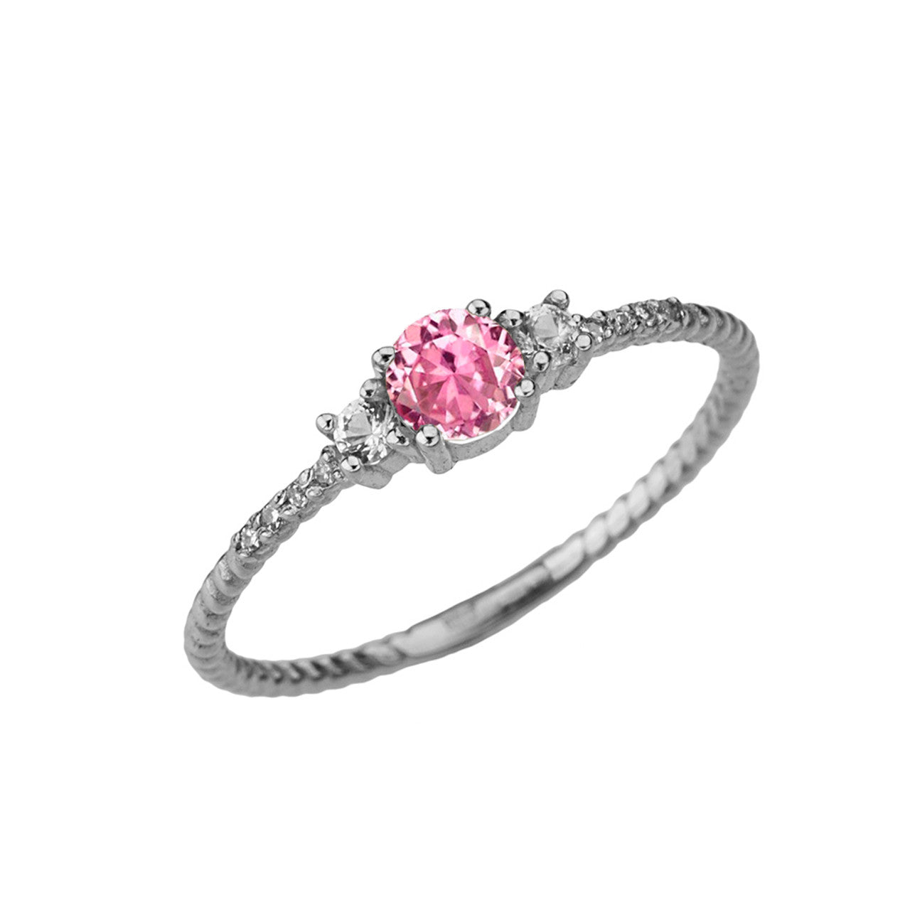 Dainty Elegant Pink CZ and Diamond Rope Ring in White Gold