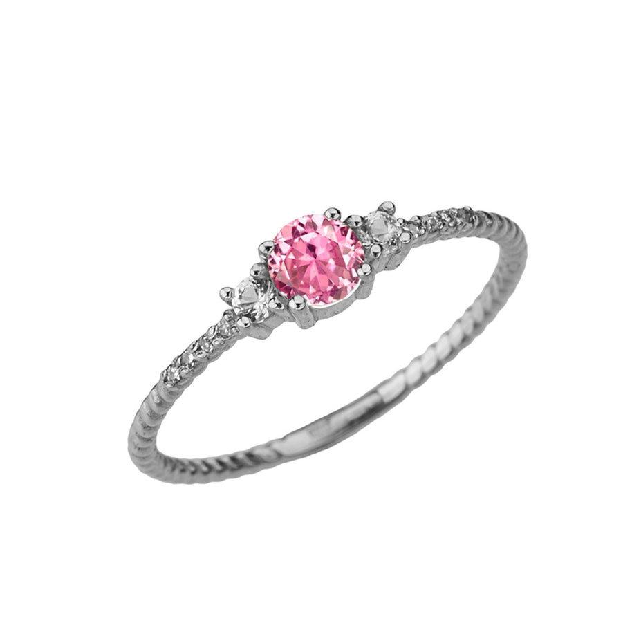 Dainty Elegant Pink CZ and Diamond Rope Ring in White Gold