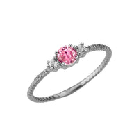 Dainty Elegant Pink CZ and Diamond Rope Ring in White Gold