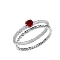 Two Piece Stackable Rope Ring with Genuine Garnet in White Gold