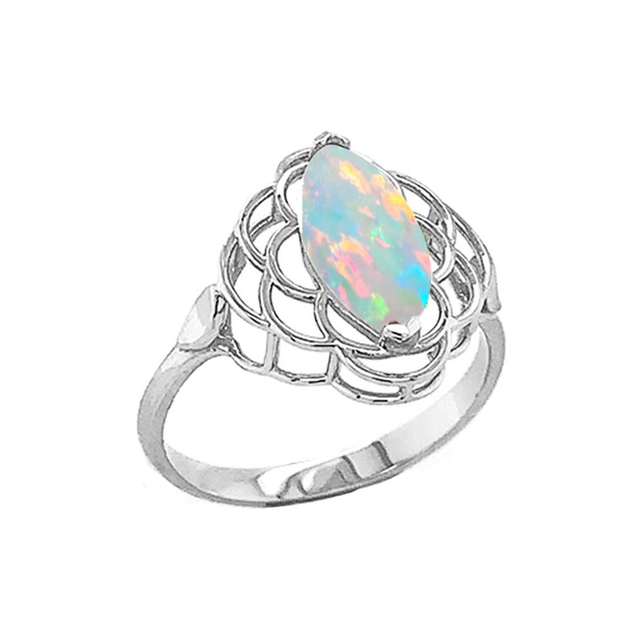 .925 Sterling Silver Marquise Cut Lab Created Opal Birthstone Filigree Ring