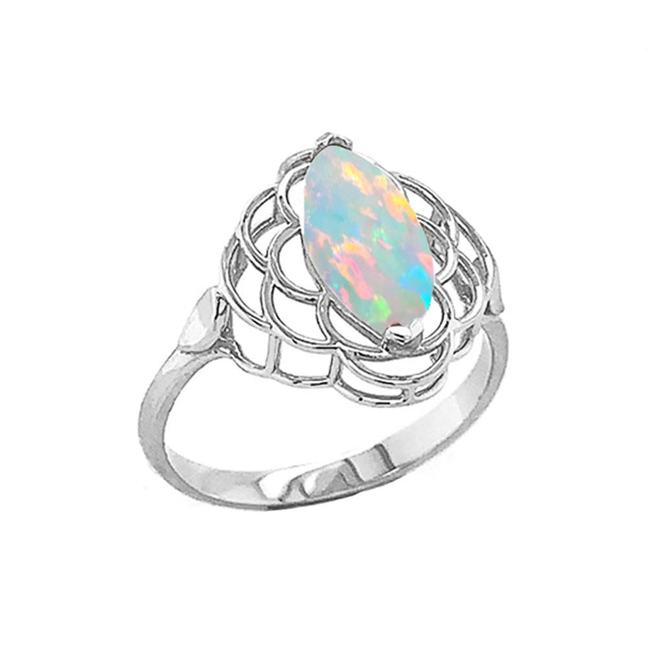 .925 Sterling Silver Marquise Cut Lab Created Opal Birthstone Filigree Ring