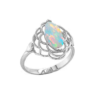 .925 Sterling Silver Marquise Cut Lab Created Opal Birthstone Filigree Ring