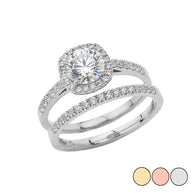 Gold CZ Halo Engagement Band Ring Set (Available in Yellow/Rose/White Gold)