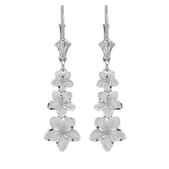Silver Hawaiian Plumeria Flower Drop Earrings