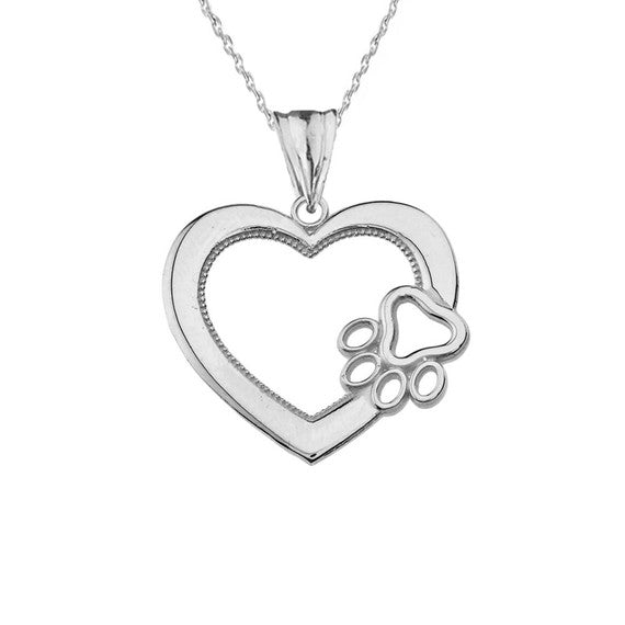 Gold Heart Pet Dog Paw Print Pendant Necklace (Available in Yellow/Rose/White Gold)