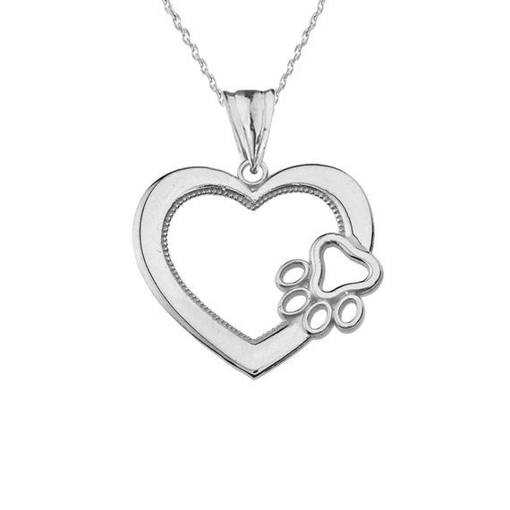 .925 Sterling Silver Heart Pet Dog Paw Print Pendant Necklace