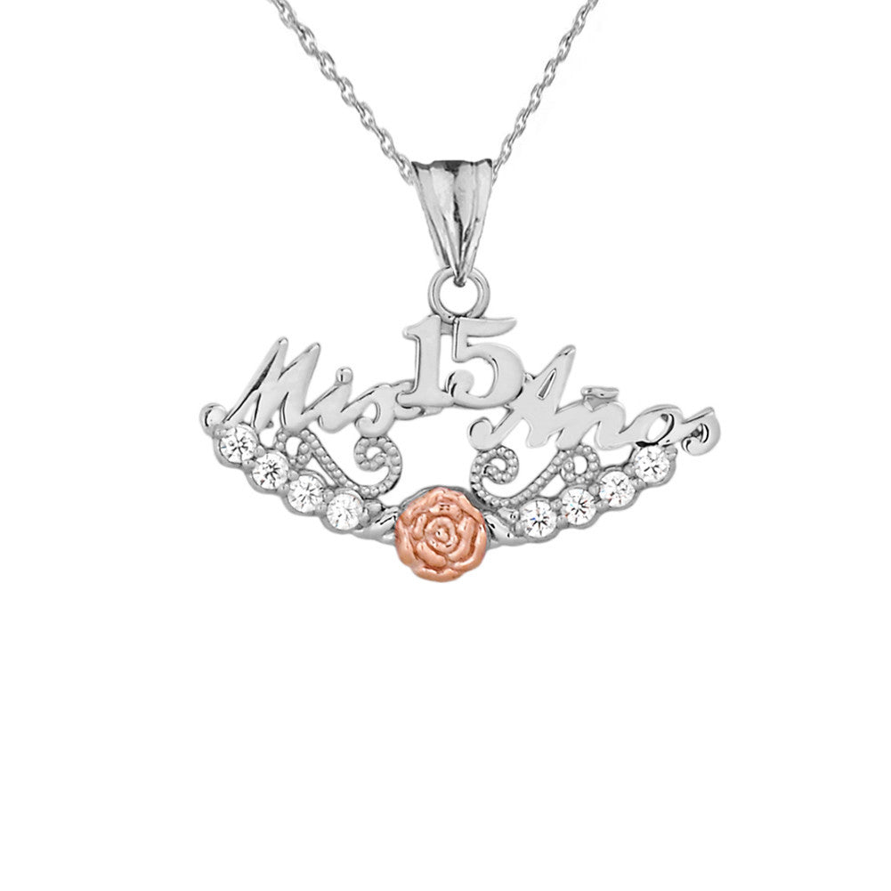 Tri-Color Gold Cubic Zirconia Mis 15 Años Flower Quinceañera Pendant Necklace (Available in Yellow/Rose/White Gold)