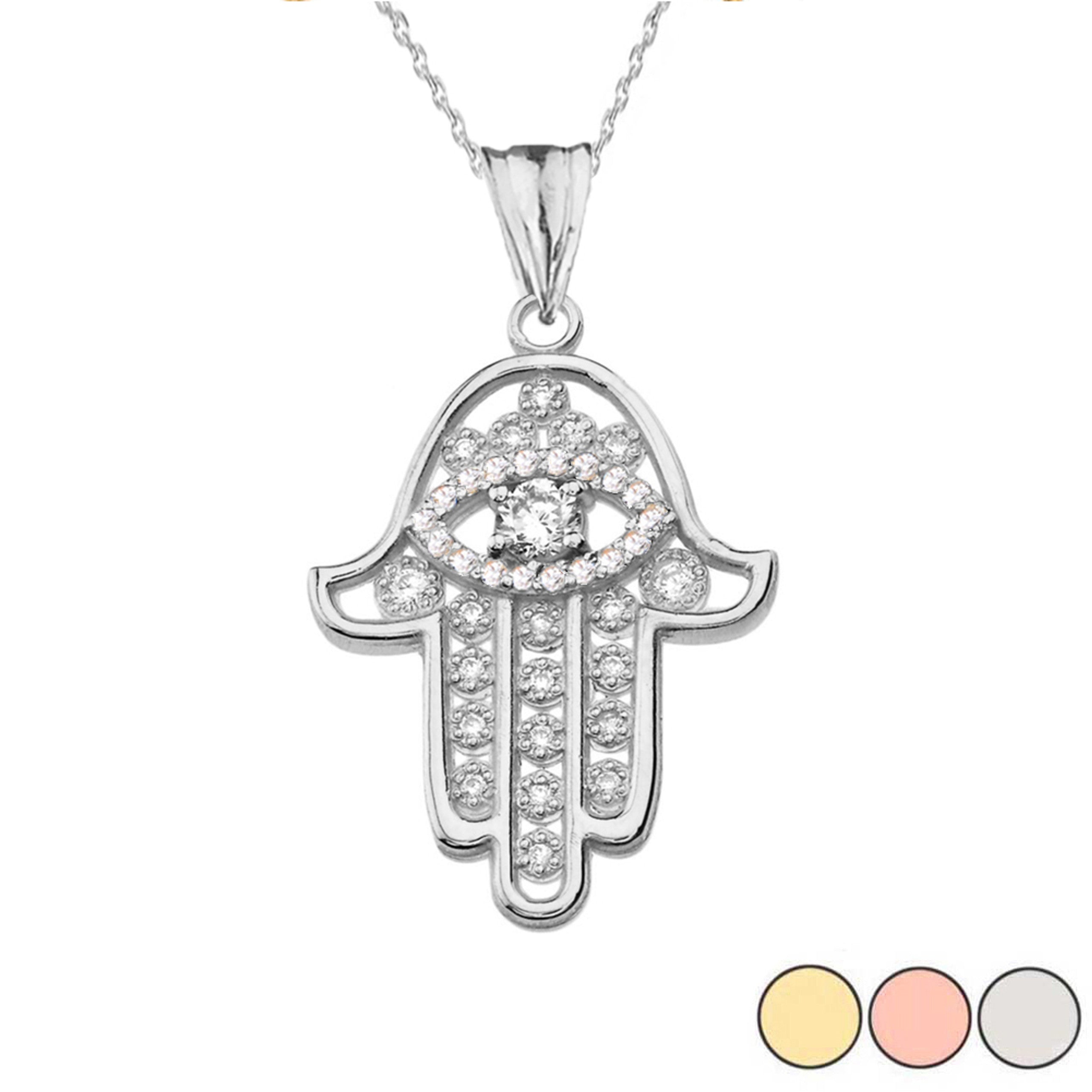 Chic Hamsa Evil Eye Pendant Necklace in Gold (Yellow/Rose/White Gold)