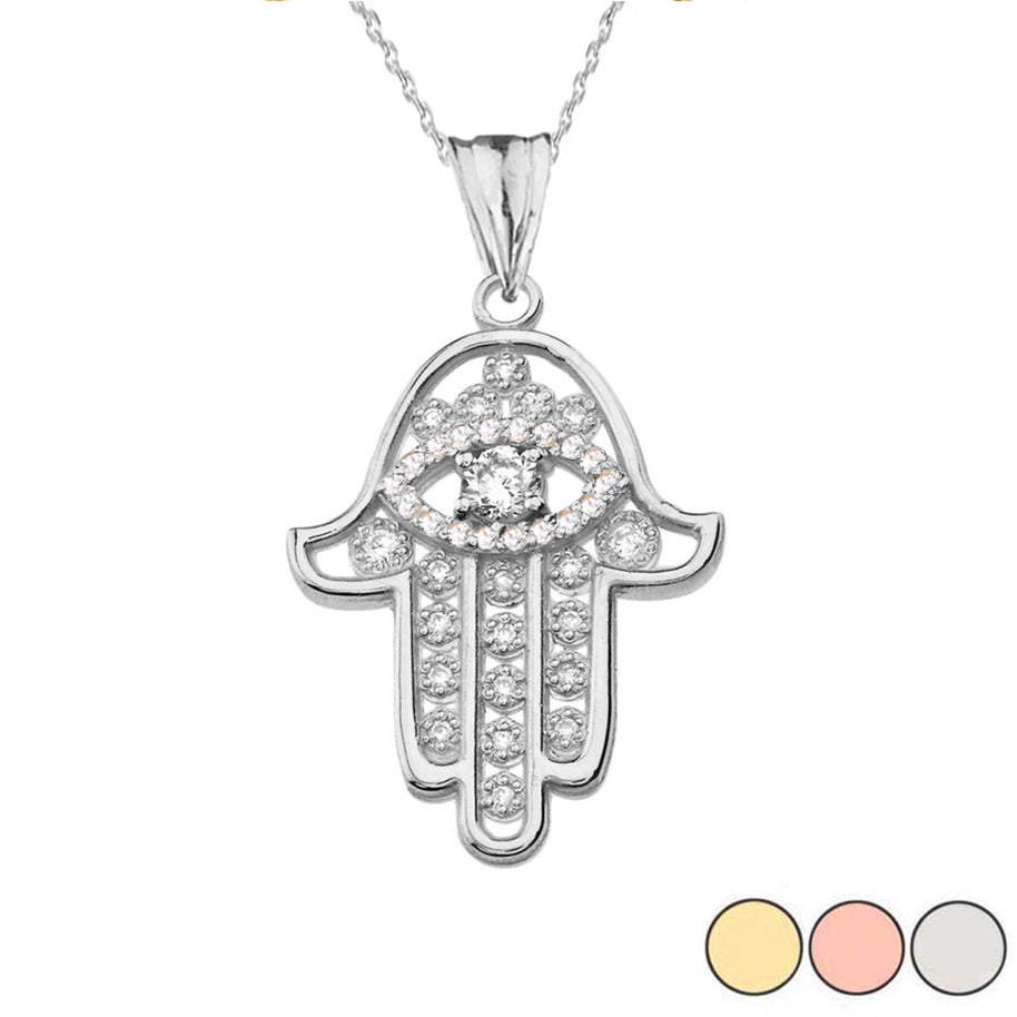 Chic Hamsa Evil Eye Pendant Necklace in Gold (Yellow/Rose/White Gold)