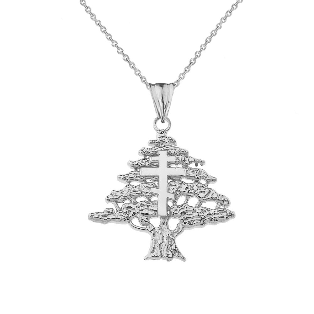 Lebanese Cedar Tree With Orthodox Cross Pendant Necklace In Sterling Silver