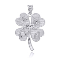 Gold Tri-Tone Four Leaf Clover Good Luck Charm Pendant Necklace (Available in Yellow/Rose/White Gold)