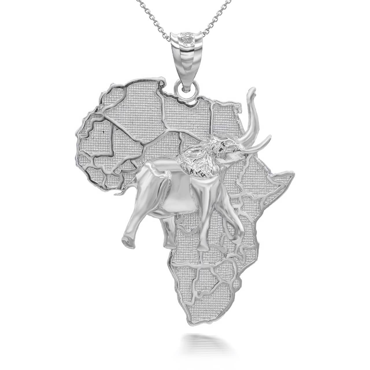 .925 Sterling Silver Africa Map Elephant Pendant Necklace