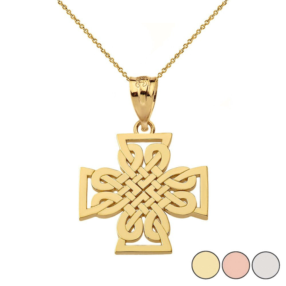 Gold Woven Celtic Cross Pendant Necklace (Available in Yellow/Rose/White Gold)