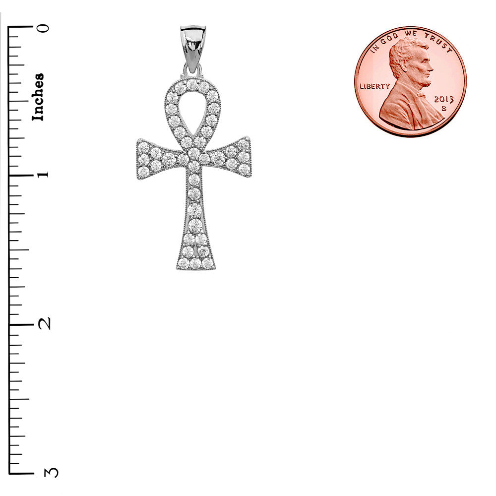 .925 Sterling Silver 1.5 Carat CZ Egyptian Ankh Cross Pendant Necklace