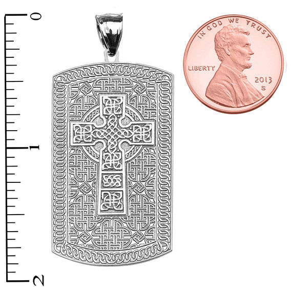 Celtic Cross Trinity Knot Sterling Silver Engraveable Dog Tag Pendant Necklace