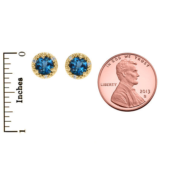 Gold Halo Stud Earrings Gold with Solitaire London Blue Topaz and Diamonds(Available in Yellow/White Gold)