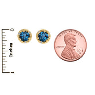 Gold Halo Stud Earrings Gold with Solitaire London Blue Topaz and Diamonds(Available in Yellow/White Gold)