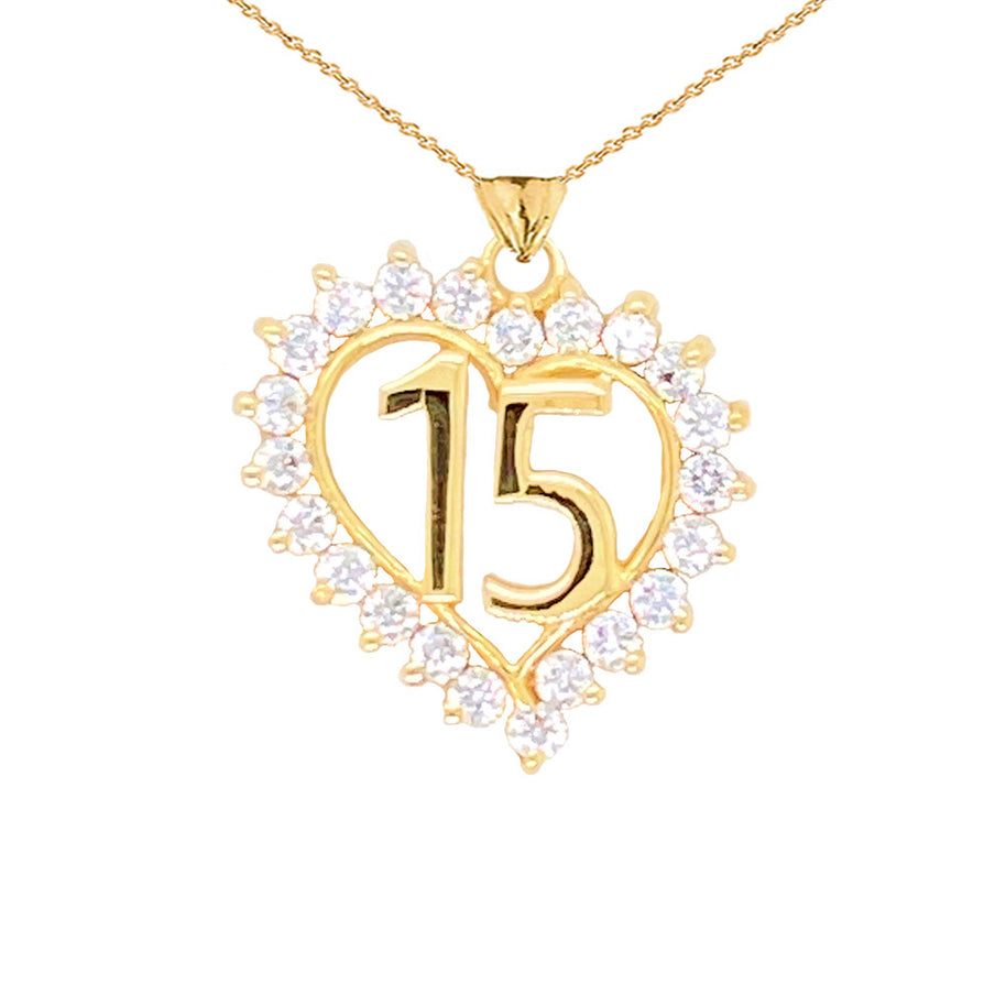 Gold Studded Cubic Zirconia Heart 15 Años Quinceañera Pendant Necklace (Available in Yellow/Rose/White Gold)