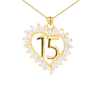 Gold Studded Cubic Zirconia Heart 15 Años Quinceañera Pendant Necklace (Available in Yellow/Rose/White Gold)