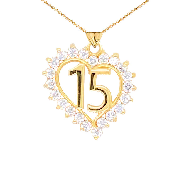 Gold Studded Cubic Zirconia Heart 15 Años Quinceañera Pendant Necklace (Available in Yellow/Rose/White Gold)