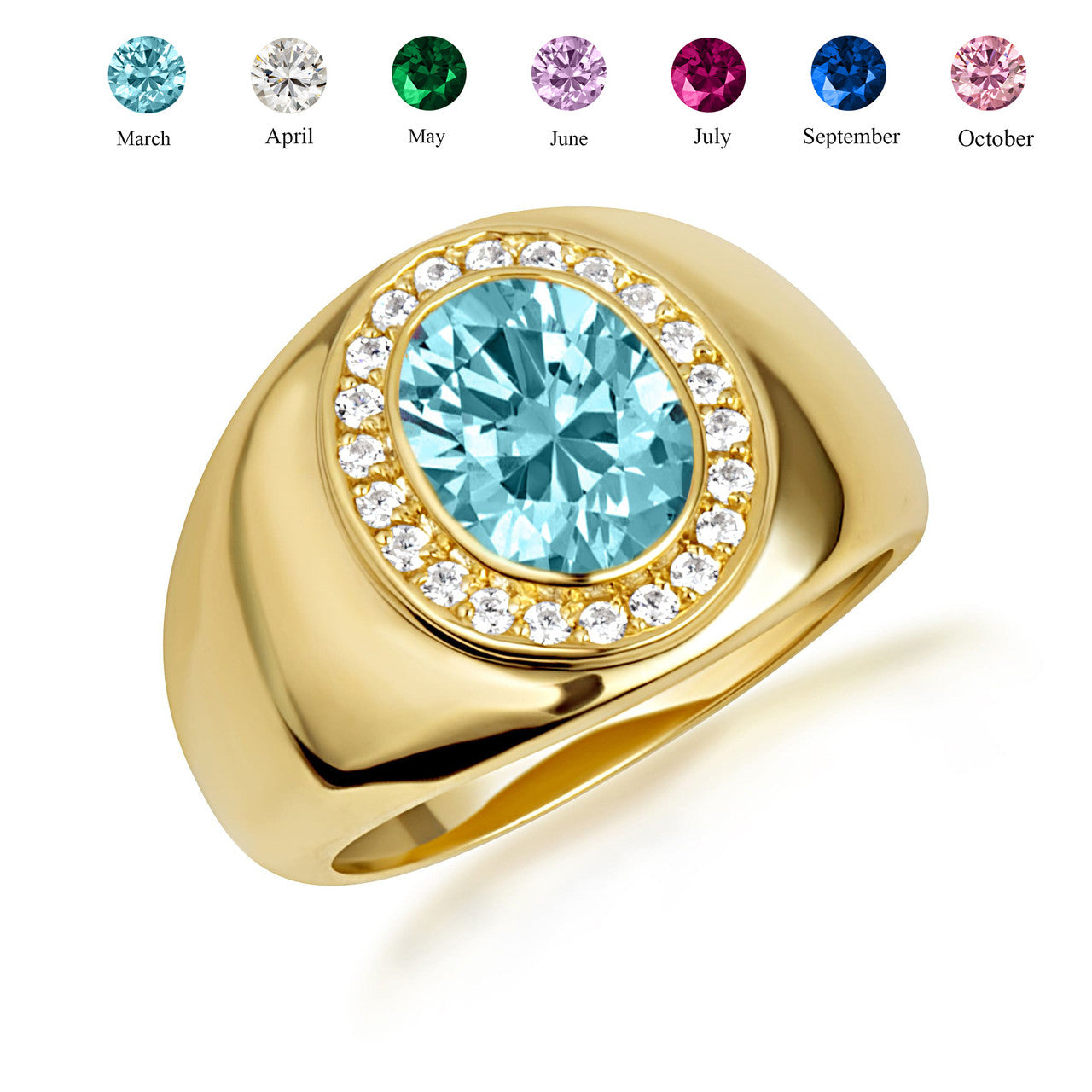 Gold Oval Birthstone Diamond Halo Signet Ring (Available in Yellow/Rose/White Gold)