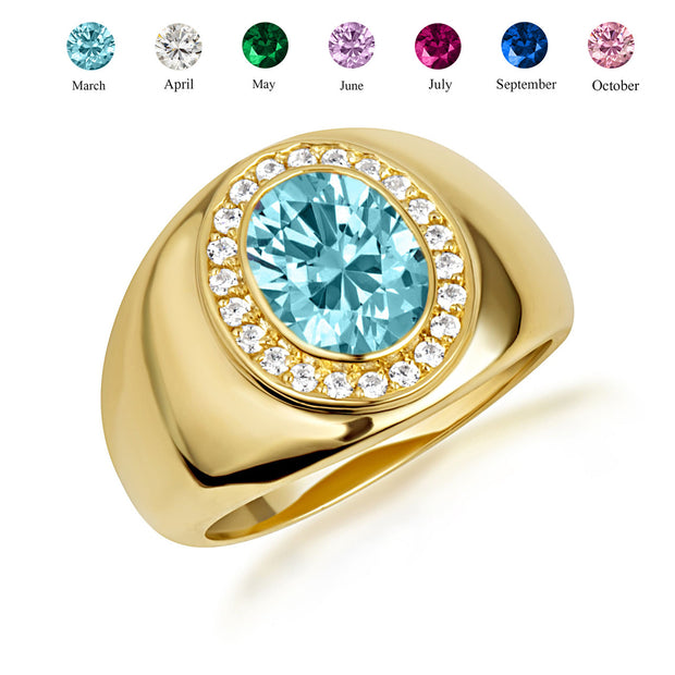 Gold Oval Birthstone Diamond Halo Signet Ring (Available in Yellow/Rose/White Gold)